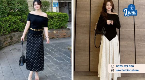 chân váy chấm bi
