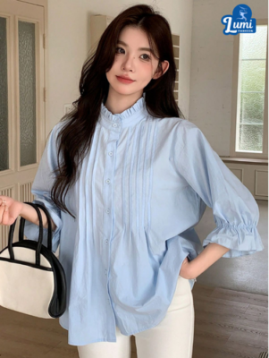 Áo satin nữ SHEIN cổ lực dây, tay phồng thanh lịch, cài cúc phía trước, chất liệu mềm mại bề mặt bóng nhẹ, phù hợp cho công sở, dạo phố và những lúc đặc biệt.