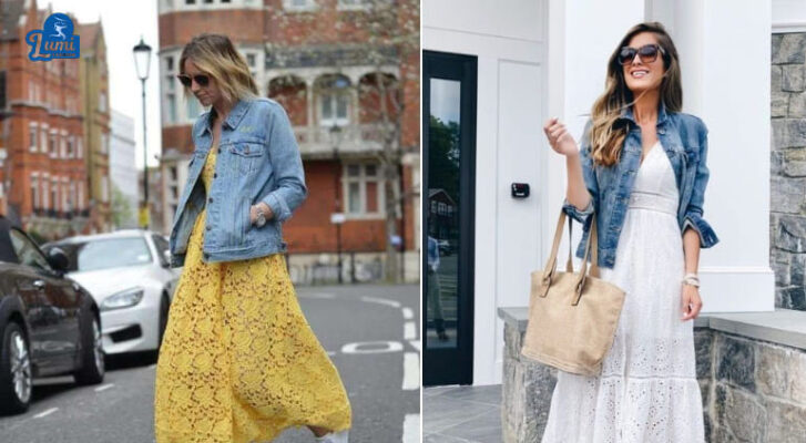 Phối đồ đầm dài với áo denim